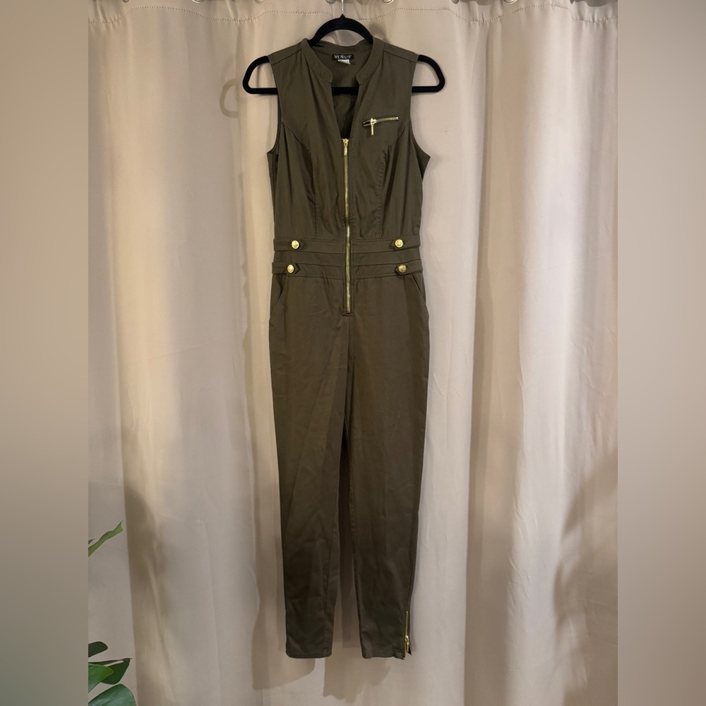 VENUS Khaki Jumpsuit with Gold Accents